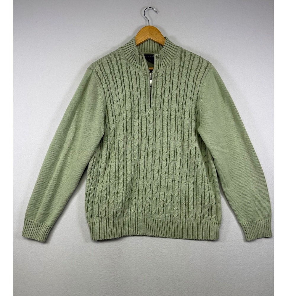 Grandmacore Karen Scott Women L Sage Green Cable Knit Quarter Zip Cotton Sweater